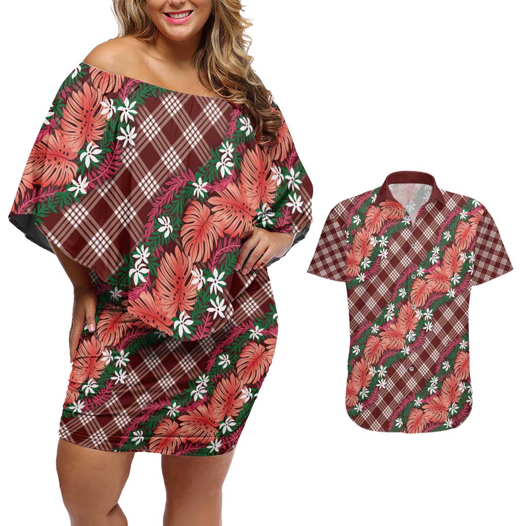 Polynesian Monstera Tiare Floral Couples Matching Off Shoulder Short Dress and Hawaiian Shirt Burgundy Tropical Plaid - Polynesian Pride