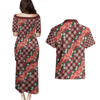 Polynesian Monstera Tiare Floral Couples Matching Puletasi and Hawaiian Shirt Burgundy Tropical Plaid LT01 - Polynesian Pride