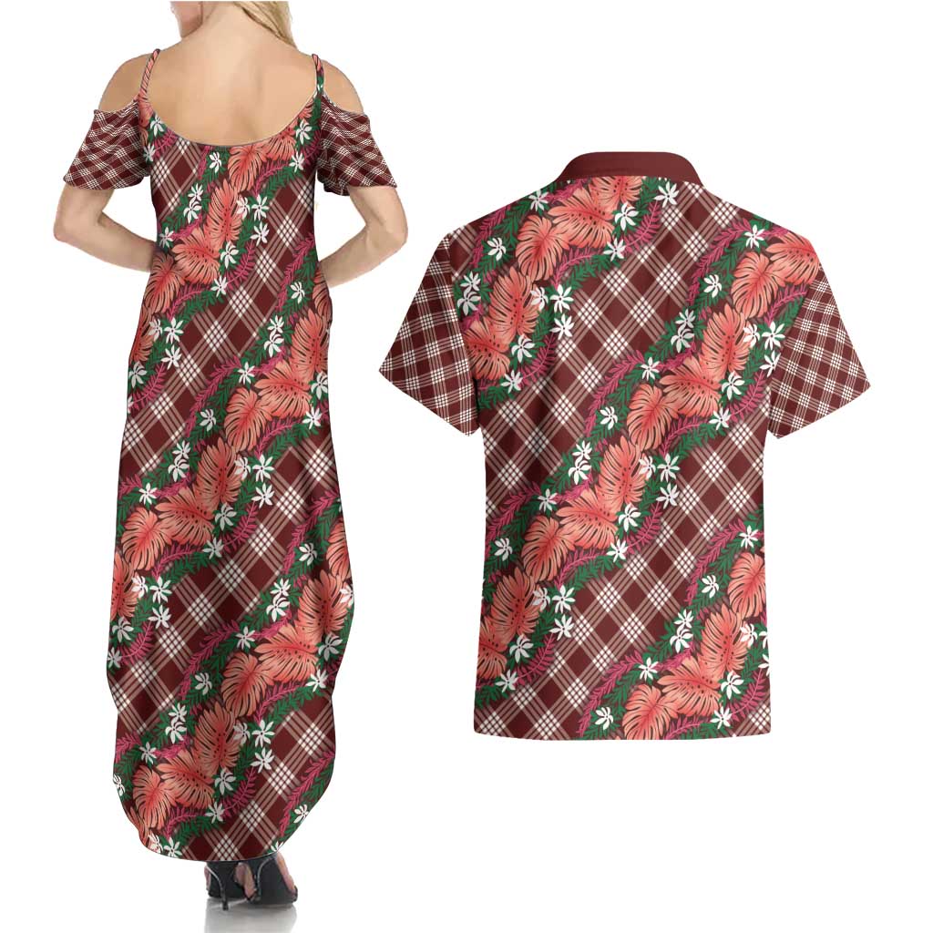 Polynesian Monstera Tiare Floral Couples Matching Summer Maxi Dress and Hawaiian Shirt Burgundy Tropical Plaid - Polynesian Pride