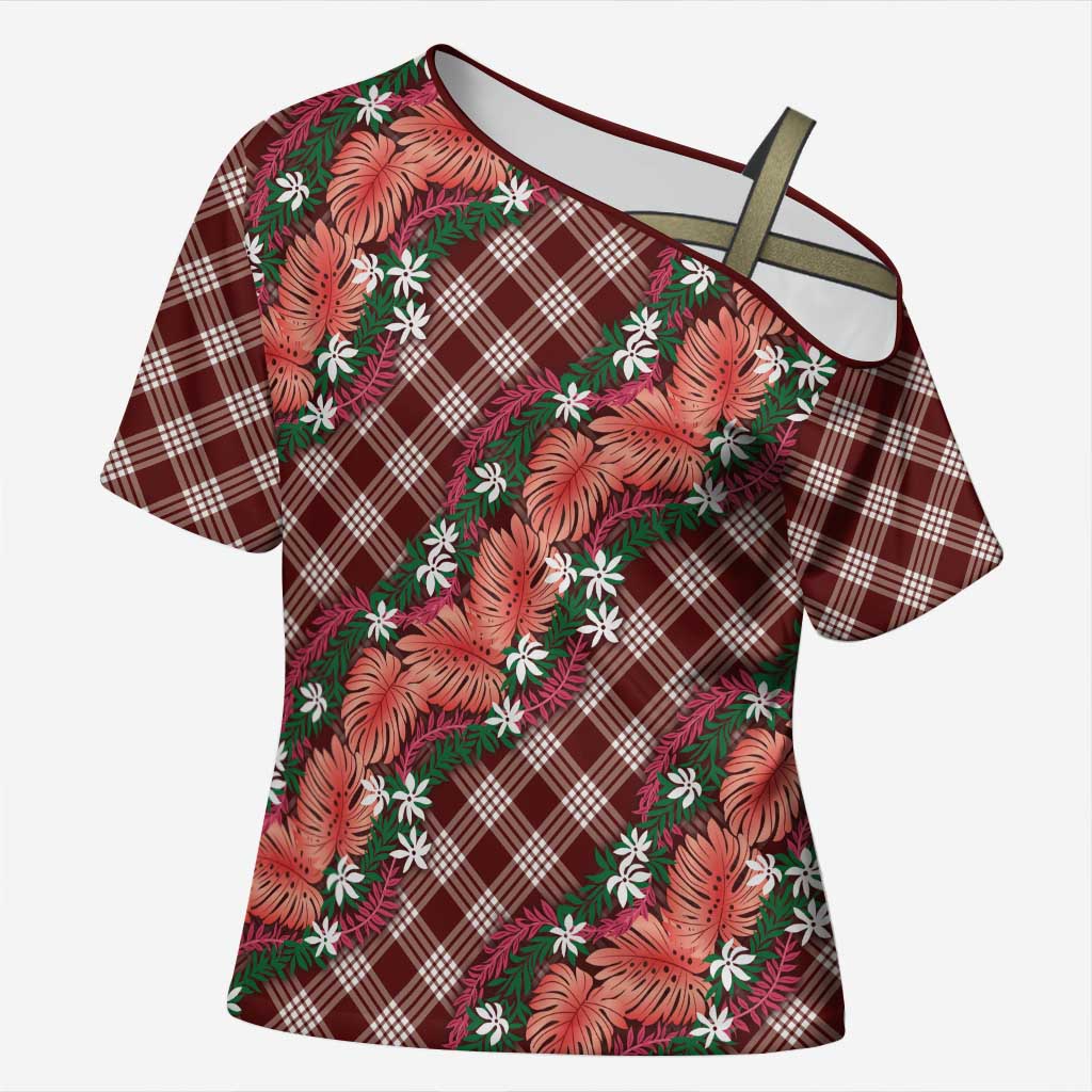 Polynesian Monstera Tiare Floral Cross Shoulder Shirt Burgundy Tropical Plaid LT01 Female Red - Polynesian Pride