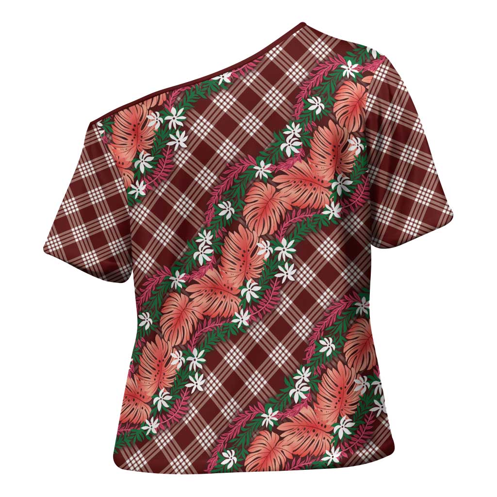Polynesian Monstera Tiare Floral Cross Shoulder Shirt Burgundy Tropical Plaid LT01 - Polynesian Pride