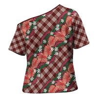 Polynesian Monstera Tiare Floral Cross Shoulder Shirt Burgundy Tropical Plaid LT01 - Polynesian Pride