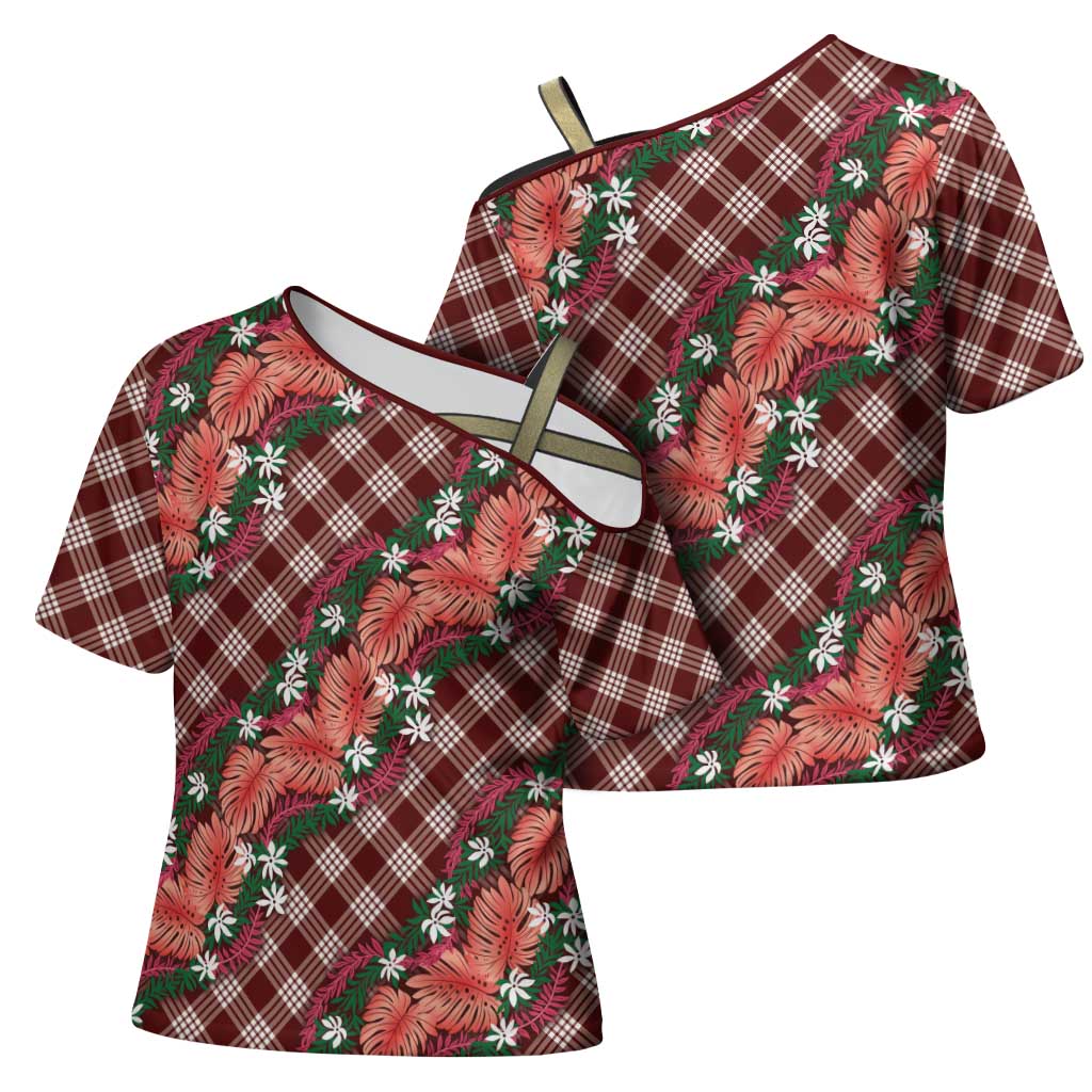 Polynesian Monstera Tiare Floral Cross Shoulder Shirt Burgundy Tropical Plaid LT01 - Polynesian Pride