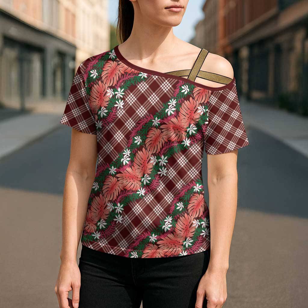 Polynesian Monstera Tiare Floral Cross Shoulder Shirt Burgundy Tropical Plaid LT01 - Polynesian Pride