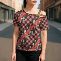 Polynesian Monstera Tiare Floral Cross Shoulder Shirt Burgundy Tropical Plaid LT01 - Polynesian Pride