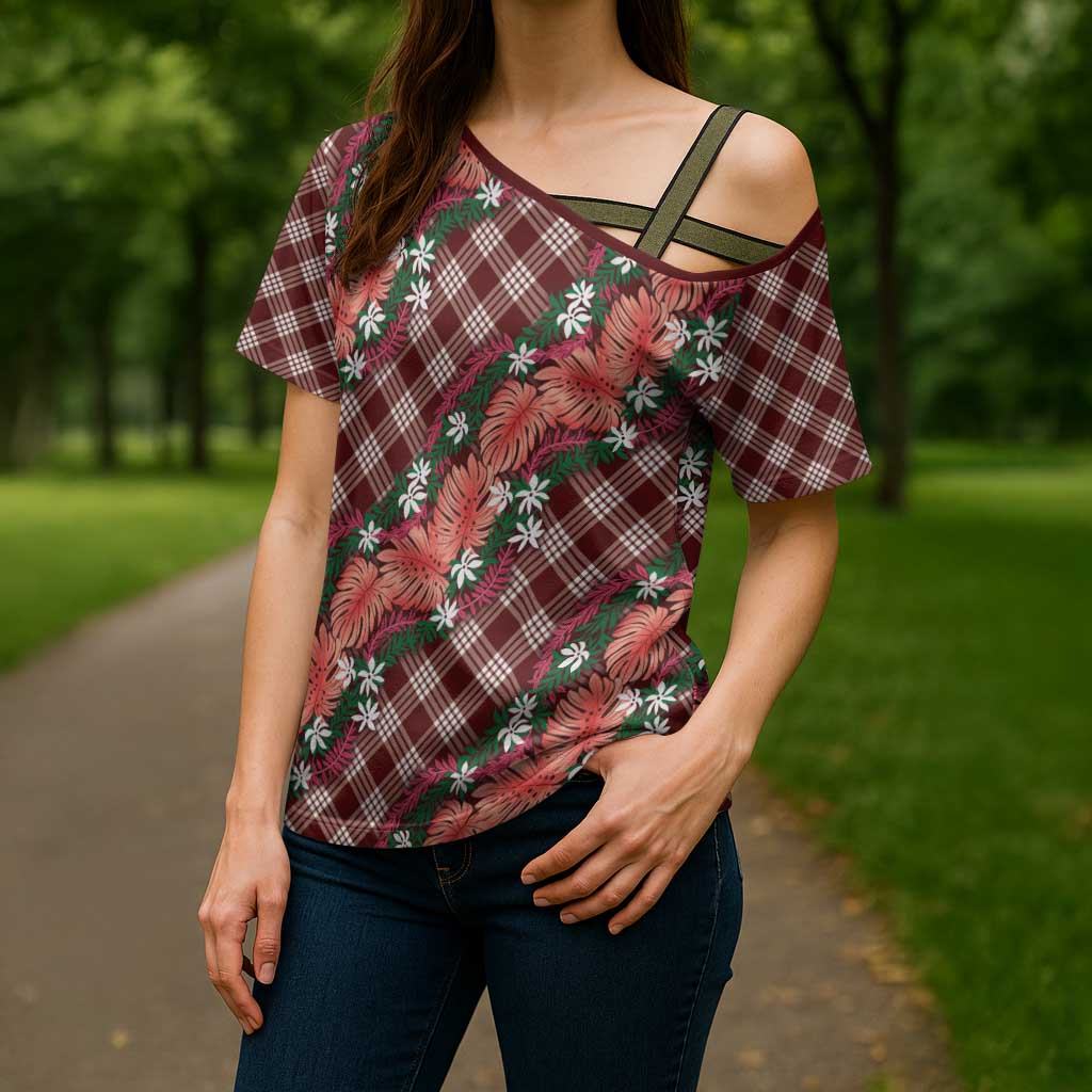 Polynesian Monstera Tiare Floral Cross Shoulder Shirt Burgundy Tropical Plaid LT01 - Polynesian Pride