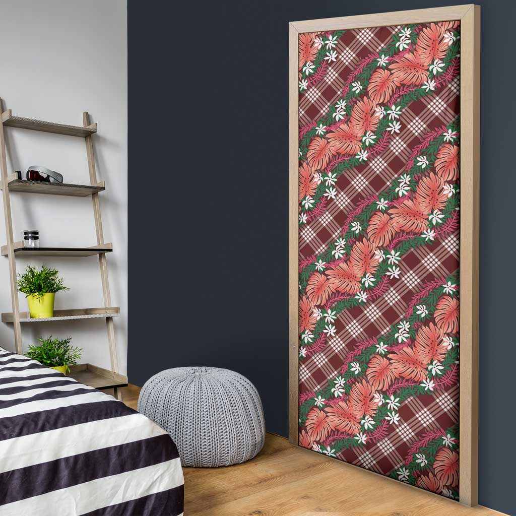 Polynesian Monstera Tiare Floral Door Cover Burgundy Tropical Plaid LT01 - Polynesian Pride