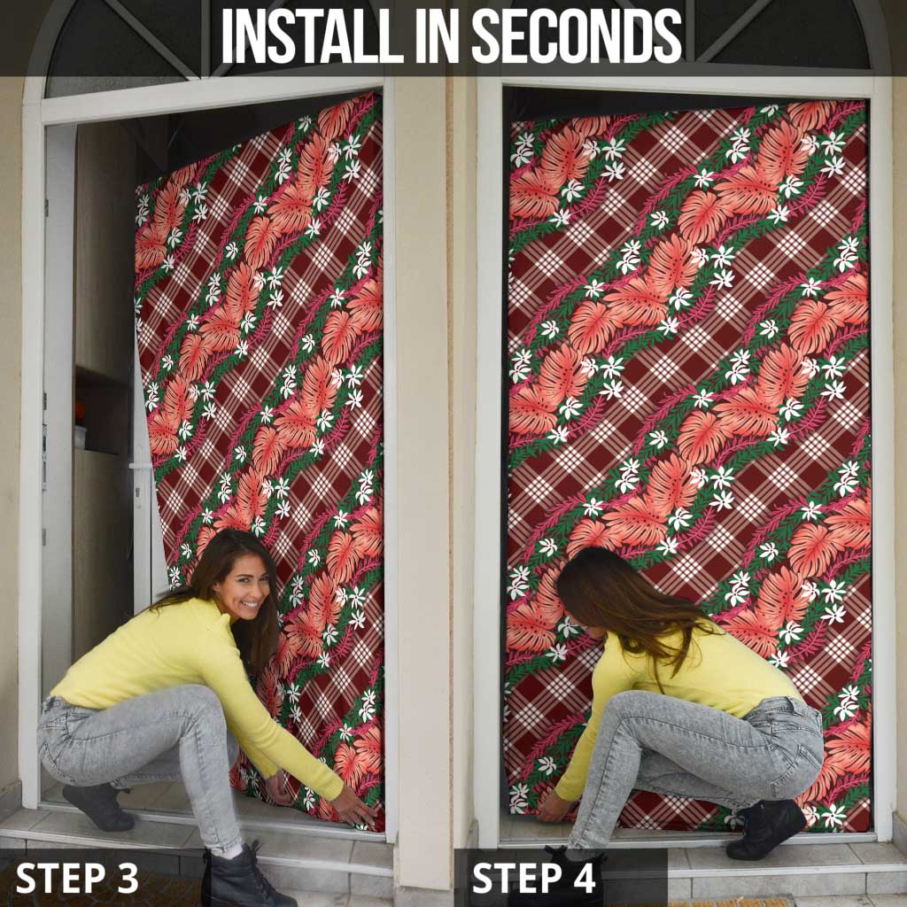 Polynesian Monstera Tiare Floral Door Cover Burgundy Tropical Plaid LT01 - Polynesian Pride