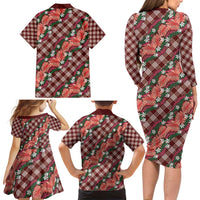Polynesian Monstera Tiare Floral Family Matching Long Sleeve Bodycon Dress and Hawaiian Shirt Burgundy Tropical Plaid - Polynesian Pride