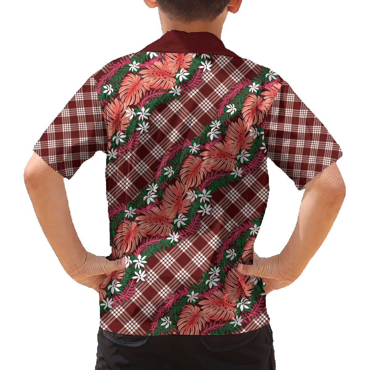 Polynesian Monstera Tiare Floral Family Matching Off The Shoulder Long Sleeve Dress and Hawaiian Shirt Burgundy Tropical Plaid - Polynesian Pride