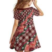 Polynesian Monstera Tiare Floral Family Matching Off The Shoulder Long Sleeve Dress and Hawaiian Shirt Burgundy Tropical Plaid - Polynesian Pride
