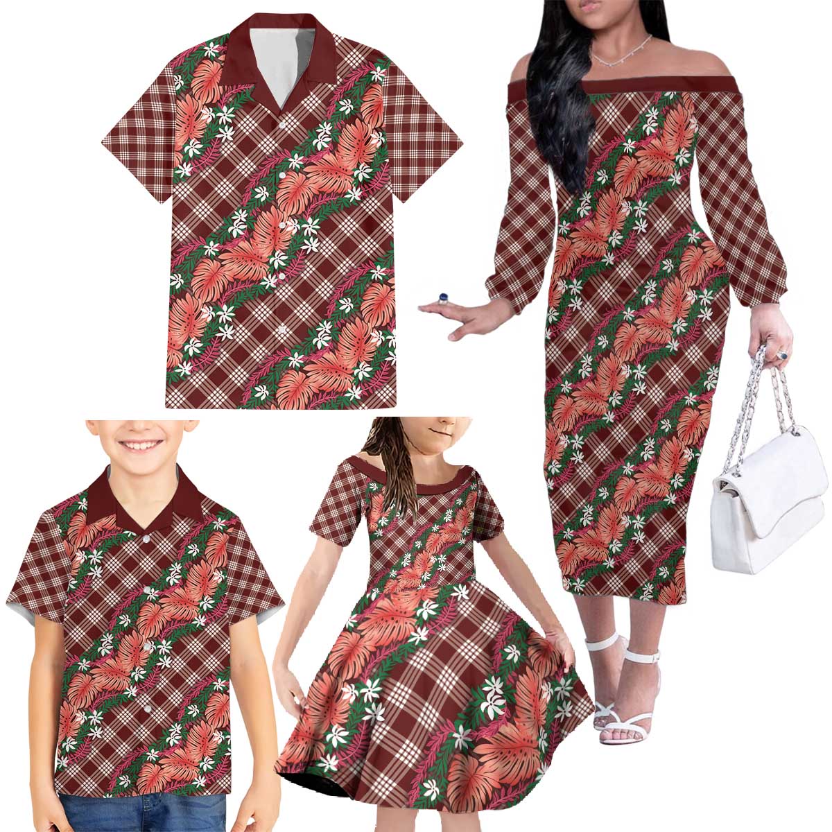 Polynesian Monstera Tiare Floral Family Matching Off The Shoulder Long Sleeve Dress and Hawaiian Shirt Burgundy Tropical Plaid - Polynesian Pride