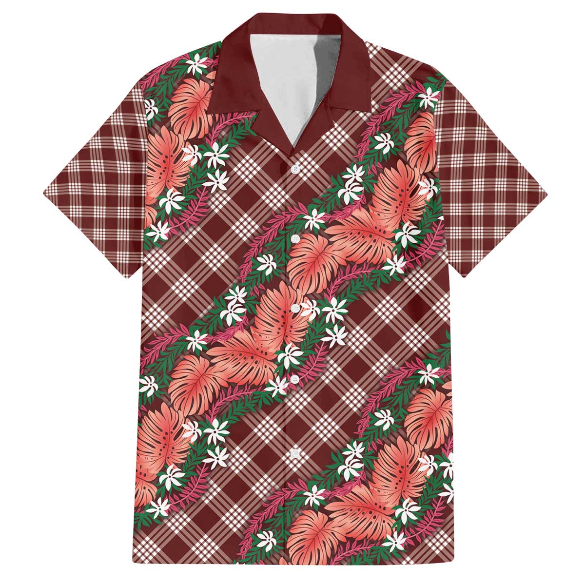 Polynesian Monstera Tiare Floral Family Matching Off The Shoulder Long Sleeve Dress and Hawaiian Shirt Burgundy Tropical Plaid - Polynesian Pride
