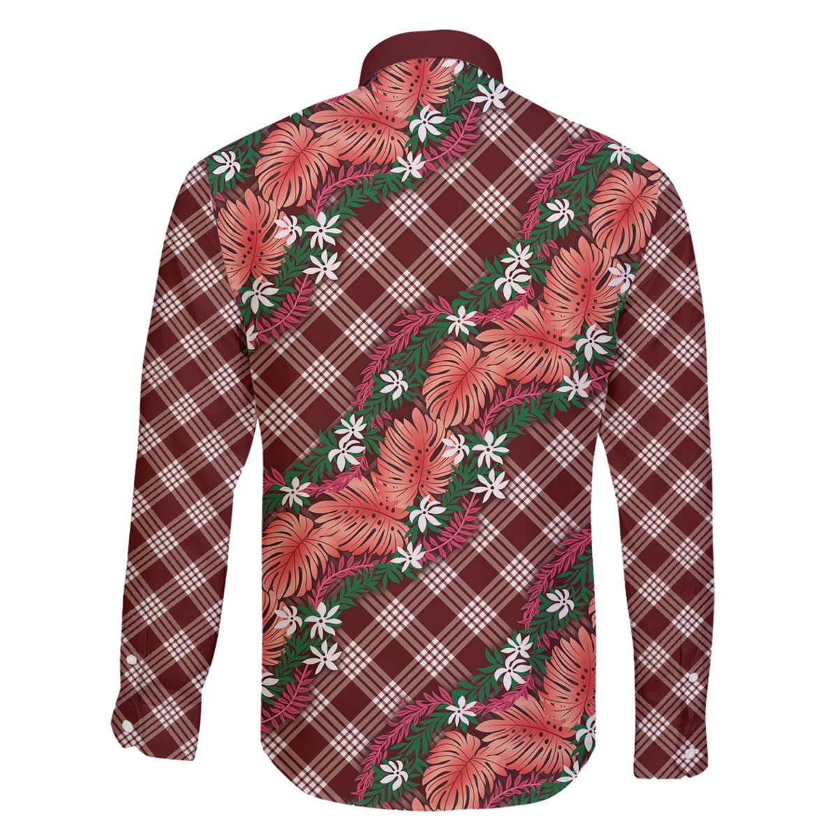 Polynesian Monstera Tiare Floral Family Matching Off The Shoulder Long Sleeve Dress and Hawaiian Shirt Burgundy Tropical Plaid - Polynesian Pride