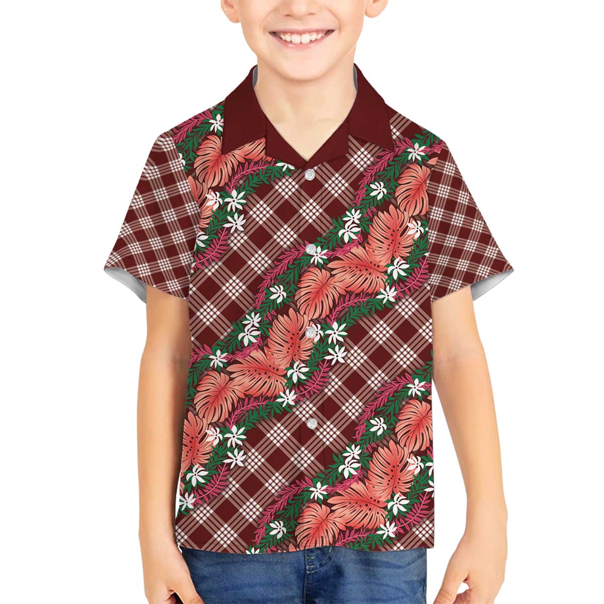 Polynesian Monstera Tiare Floral Family Matching Off The Shoulder Long Sleeve Dress and Hawaiian Shirt Burgundy Tropical Plaid - Polynesian Pride
