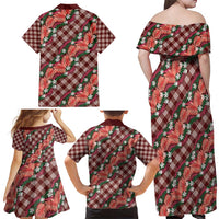 Polynesian Monstera Tiare Floral Family Matching Off Shoulder Maxi Dress and Hawaiian Shirt Burgundy Tropical Plaid - Polynesian Pride