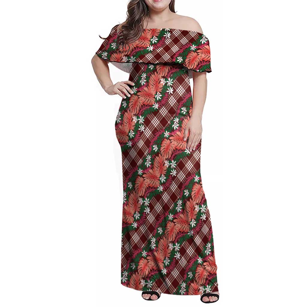 Polynesian Monstera Tiare Floral Family Matching Off Shoulder Maxi Dress and Hawaiian Shirt Burgundy Tropical Plaid - Polynesian Pride