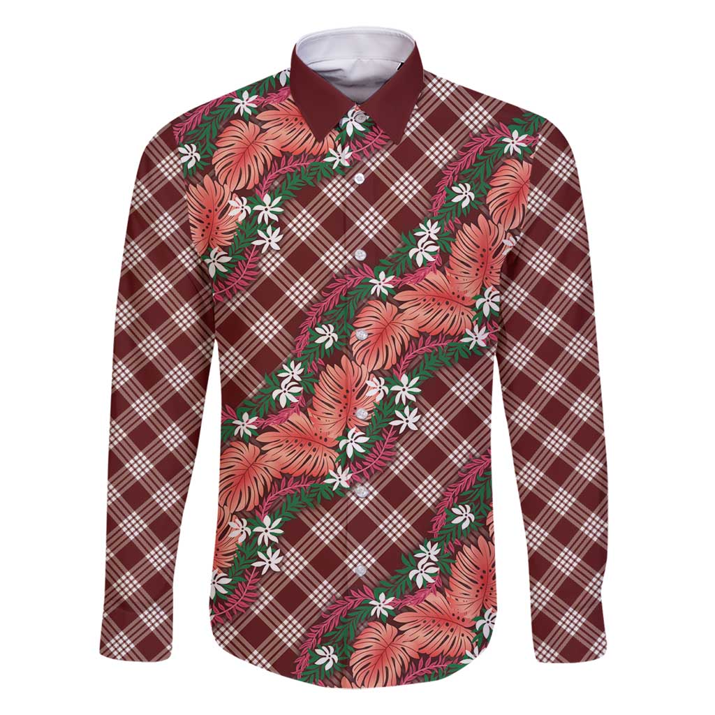 Polynesian Monstera Tiare Floral Family Matching Off Shoulder Short Dress and Hawaiian Shirt Burgundy Tropical Plaid - Polynesian Pride