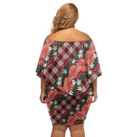 Polynesian Monstera Tiare Floral Family Matching Off Shoulder Short Dress and Hawaiian Shirt Burgundy Tropical Plaid - Polynesian Pride