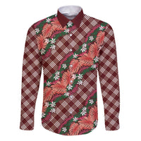 Polynesian Monstera Tiare Floral Family Matching Puletasi and Hawaiian Shirt Burgundy Tropical Plaid - Polynesian Pride
