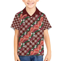 Polynesian Monstera Tiare Floral Family Matching Puletasi and Hawaiian Shirt Burgundy Tropical Plaid - Polynesian Pride