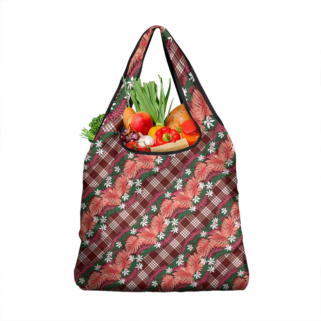 Polynesian Monstera Tiare Floral Grocery Bag Burgundy Tropical Plaid - Polynesian Pride