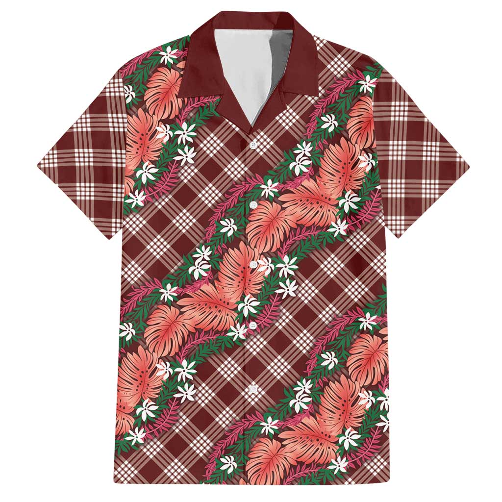 Polynesian Monstera Tiare Floral Hawaiian Shirt Burgundy Tropical Plaid - Polynesian Pride