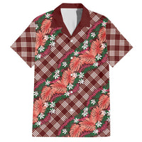 Polynesian Monstera Tiare Floral Hawaiian Shirt Burgundy Tropical Plaid - Polynesian Pride