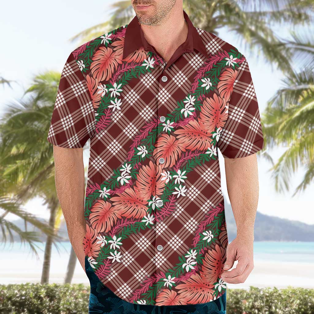 Polynesian Monstera Tiare Floral Hawaiian Shirt Burgundy Tropical Plaid - Polynesian Pride