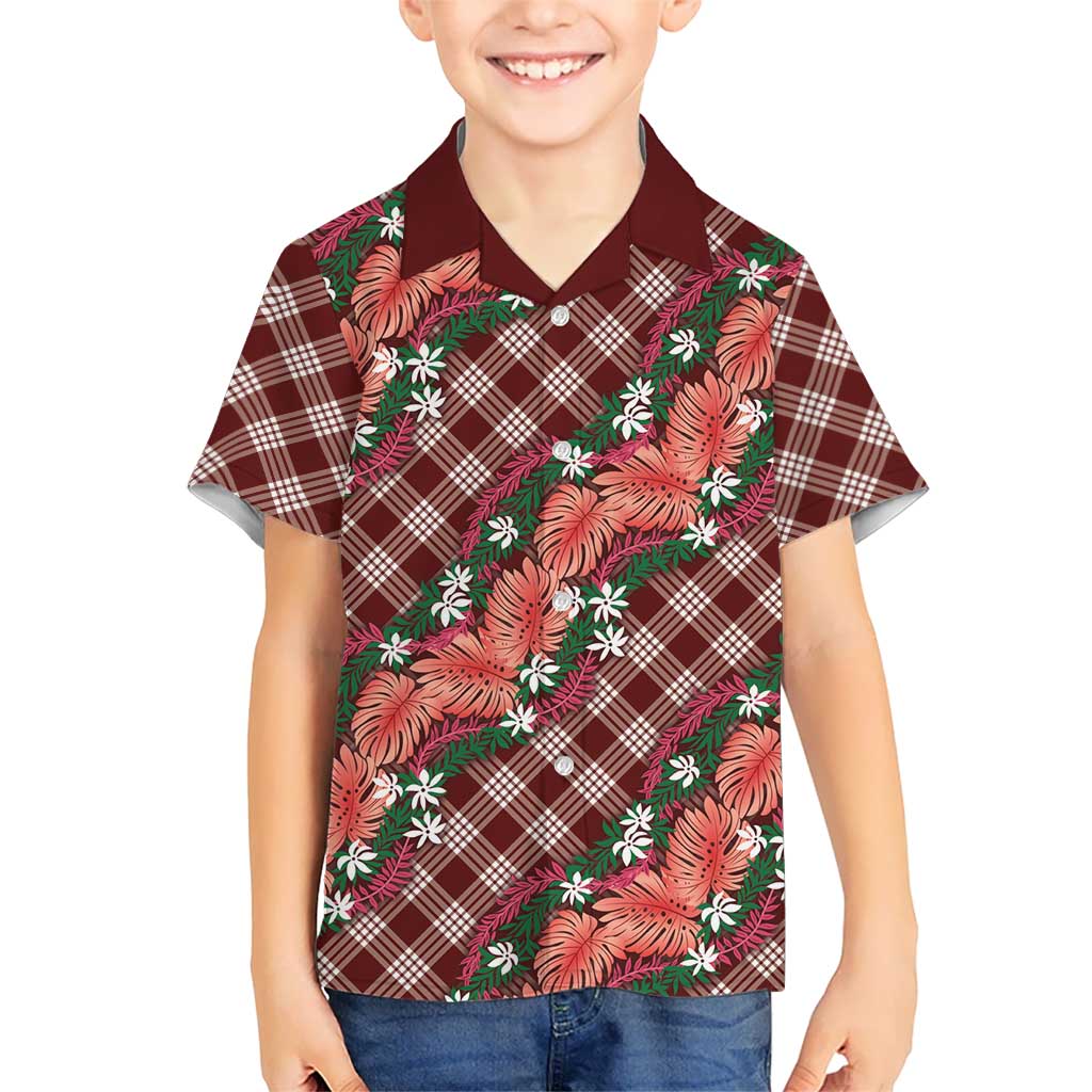 Polynesian Monstera Tiare Floral Hawaiian Shirt Burgundy Tropical Plaid - Polynesian Pride