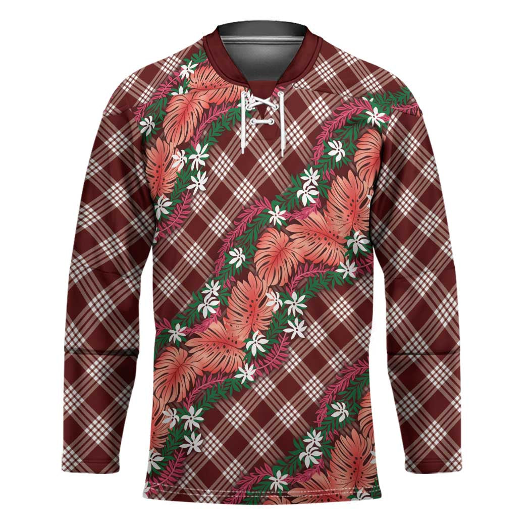 Polynesian Monstera Tiare Floral Hockey Jersey Burgundy Tropical Plaid - Polynesian Pride