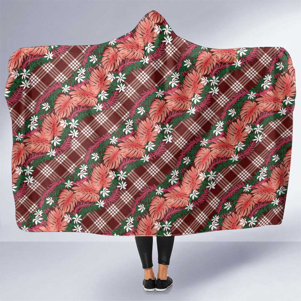 Polynesian Monstera Tiare Floral Hooded Blanket Burgundy Tropical Plaid LT01 One Size Red - Polynesian Pride