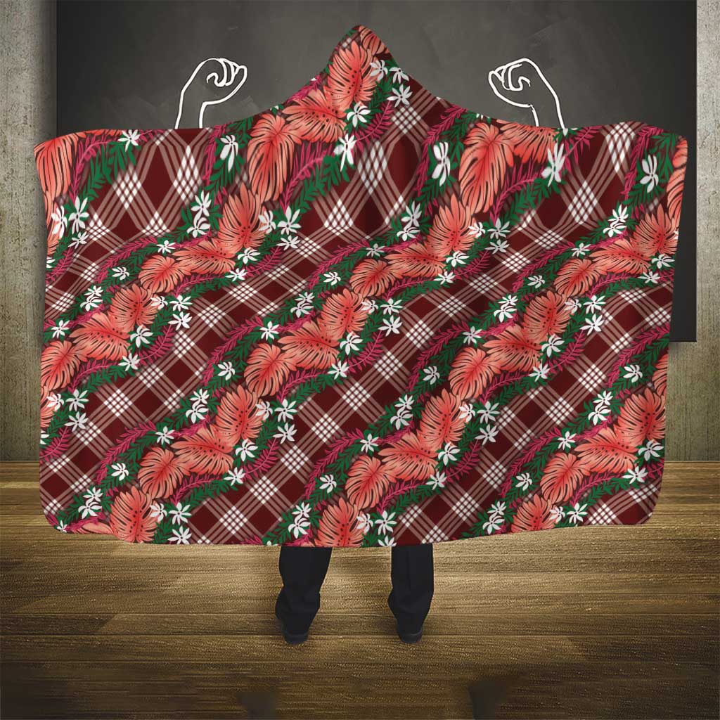 Polynesian Monstera Tiare Floral Hooded Blanket Burgundy Tropical Plaid LT01 - Polynesian Pride
