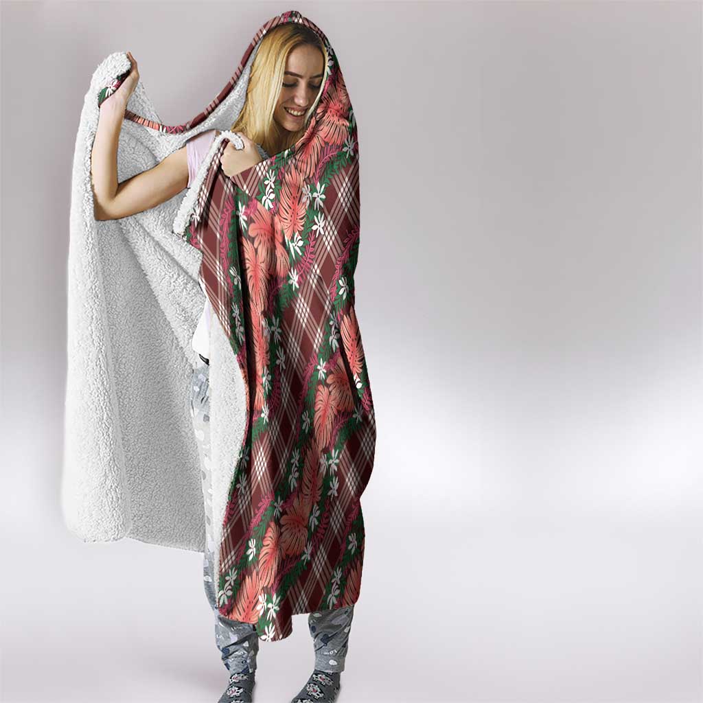 Polynesian Monstera Tiare Floral Hooded Blanket Burgundy Tropical Plaid LT01 - Polynesian Pride