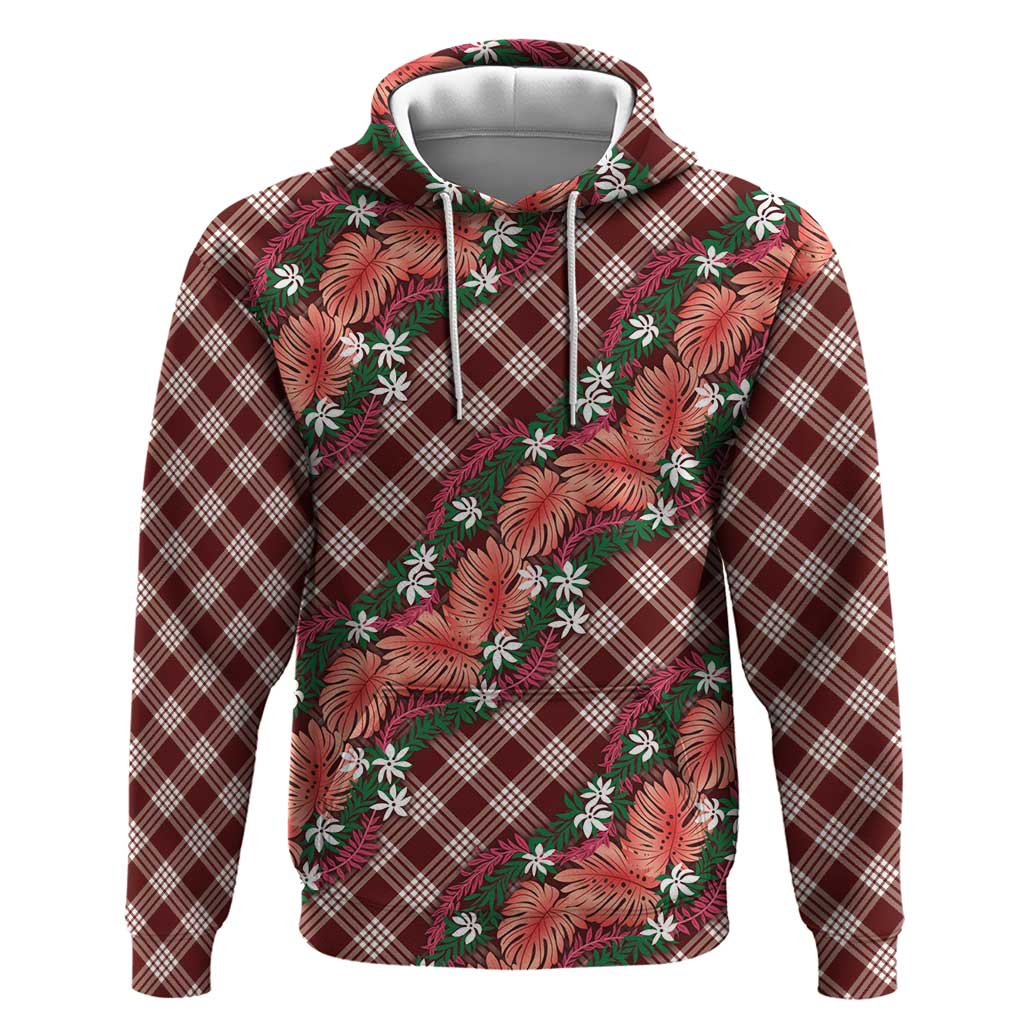 Polynesian Monstera Tiare Floral Hoodie Burgundy Tropical Plaid LT01 Pullover Hoodie Red - Polynesian Pride