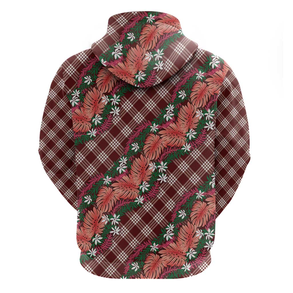 Polynesian Monstera Tiare Floral Hoodie Burgundy Tropical Plaid LT01 - Polynesian Pride