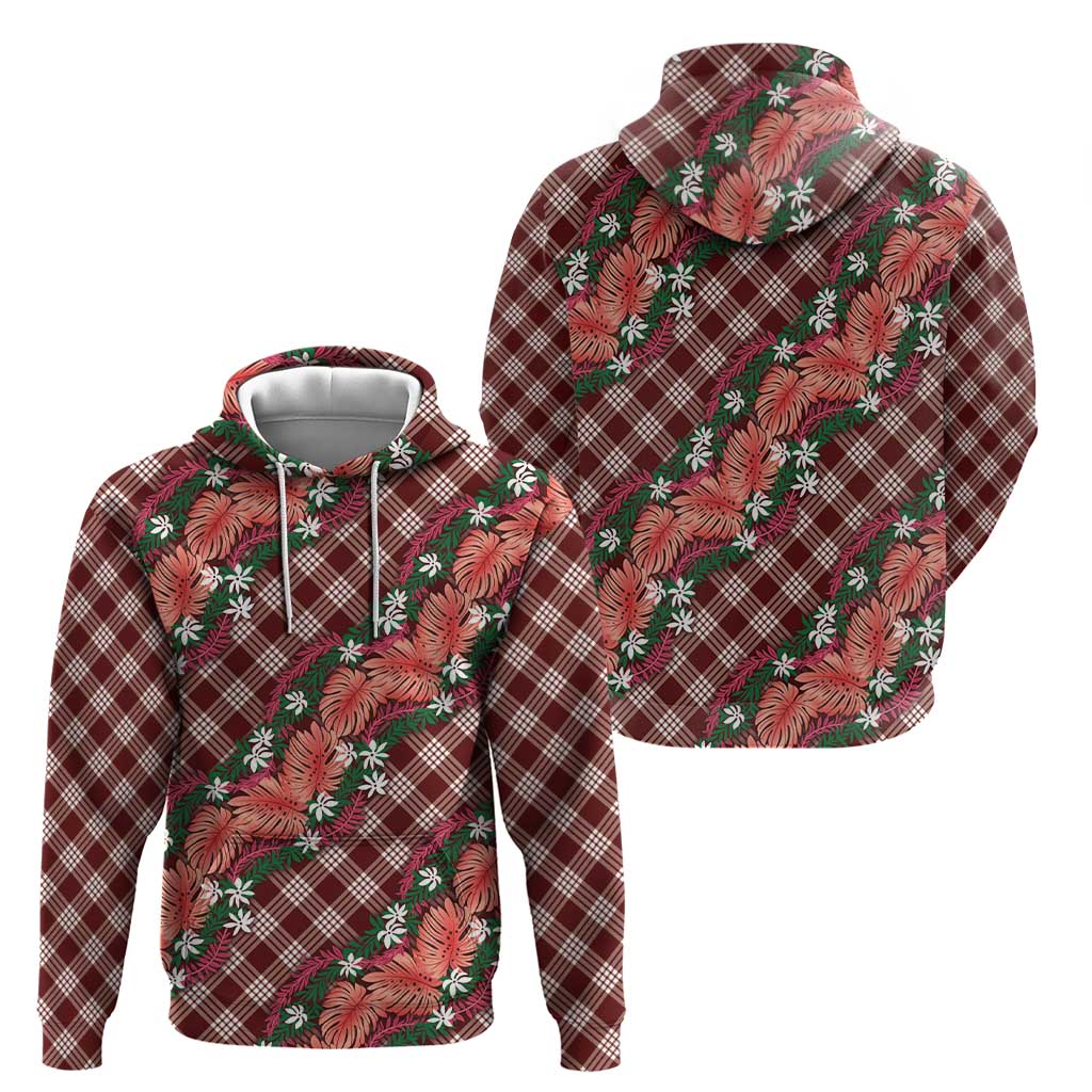 Polynesian Monstera Tiare Floral Hoodie Burgundy Tropical Plaid LT01 - Polynesian Pride