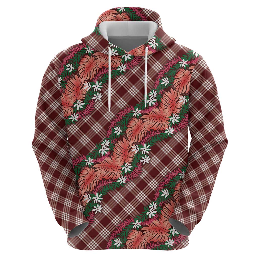 Polynesian Monstera Tiare Floral Hoodie Burgundy Tropical Plaid LT01 - Polynesian Pride