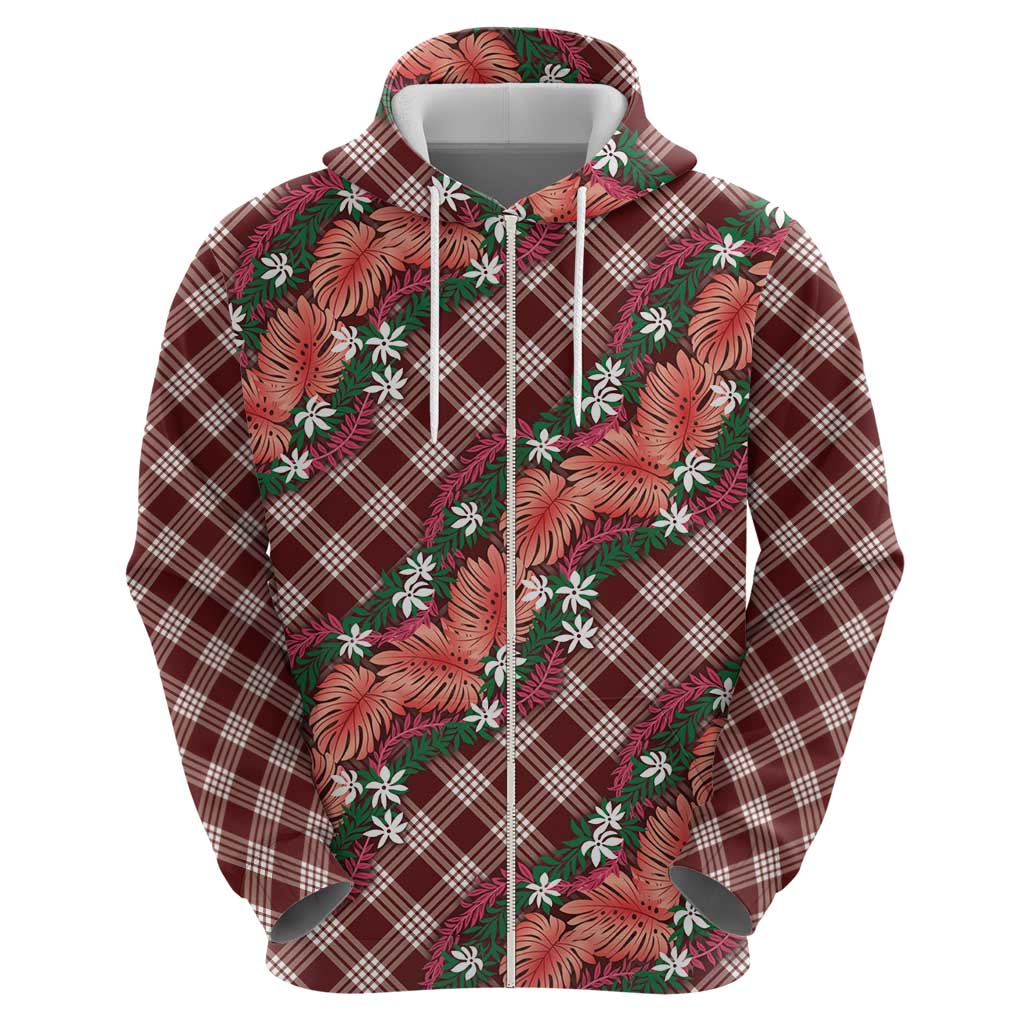 Polynesian Monstera Tiare Floral Hoodie Burgundy Tropical Plaid LT01 - Polynesian Pride