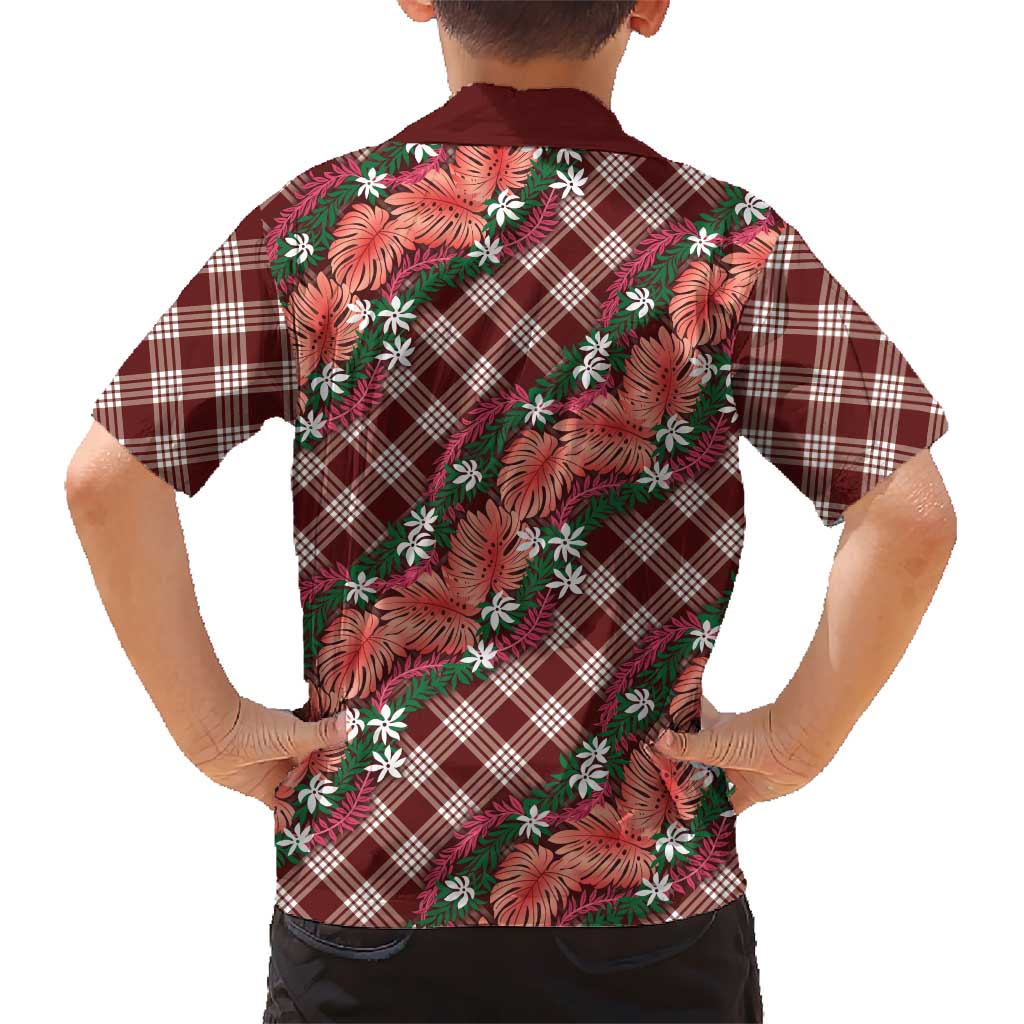 Polynesian Monstera Tiare Floral Kid Hawaiian Shirt Burgundy Tropical Plaid - Polynesian Pride