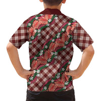 Polynesian Monstera Tiare Floral Kid Hawaiian Shirt Burgundy Tropical Plaid - Polynesian Pride