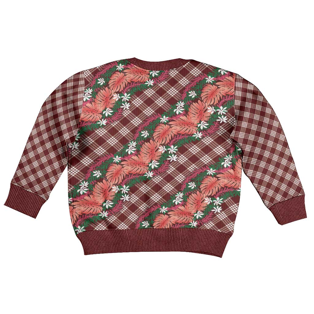 Polynesian Monstera Tiare Floral Kid Ugly Christmas Sweater Burgundy Tropical Plaid LT01 - Polynesian Pride