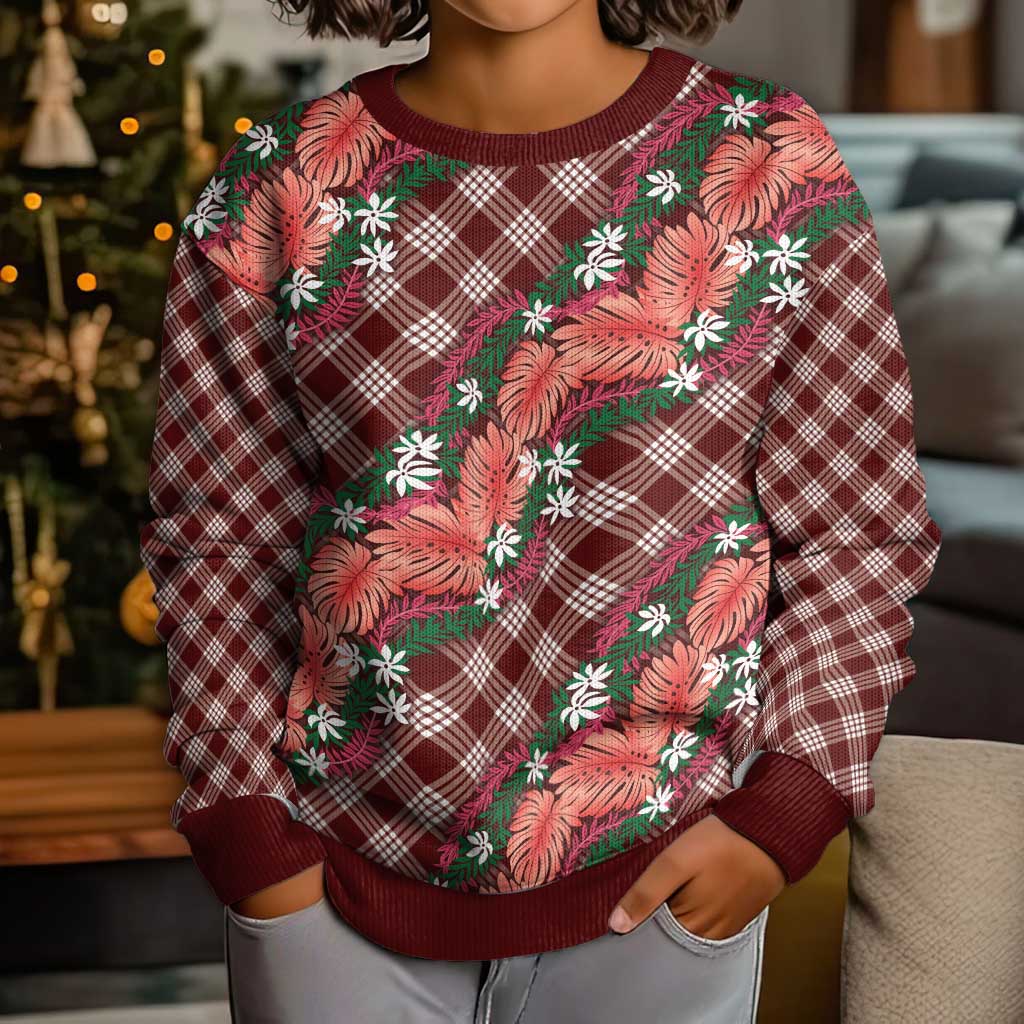 Polynesian Monstera Tiare Floral Kid Ugly Christmas Sweater Burgundy Tropical Plaid LT01 - Polynesian Pride