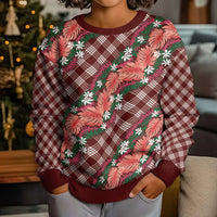 Polynesian Monstera Tiare Floral Kid Ugly Christmas Sweater Burgundy Tropical Plaid LT01 - Polynesian Pride