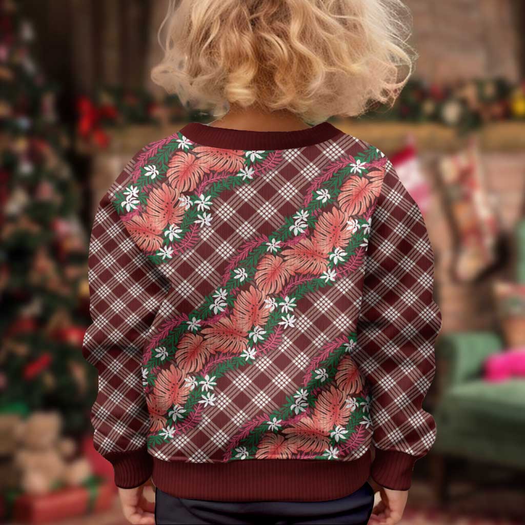 Polynesian Monstera Tiare Floral Kid Ugly Christmas Sweater Burgundy Tropical Plaid LT01 - Polynesian Pride