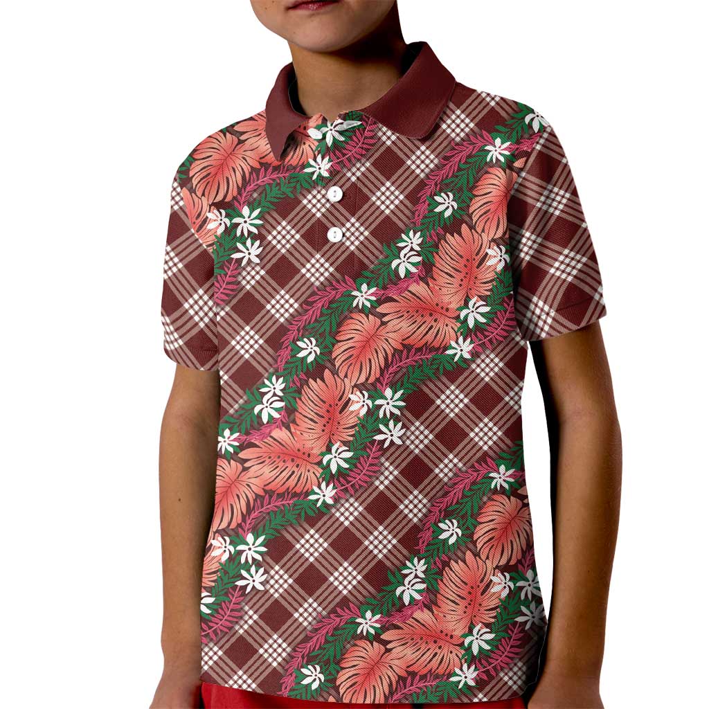 Polynesian Monstera Tiare Floral Kid Polo Shirt Burgundy Tropical Plaid LT01 Kid Red - Polynesian Pride