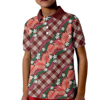Polynesian Monstera Tiare Floral Kid Polo Shirt Burgundy Tropical Plaid LT01 Kid Red - Polynesian Pride
