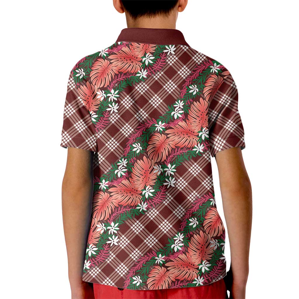Polynesian Monstera Tiare Floral Kid Polo Shirt Burgundy Tropical Plaid LT01 - Polynesian Pride