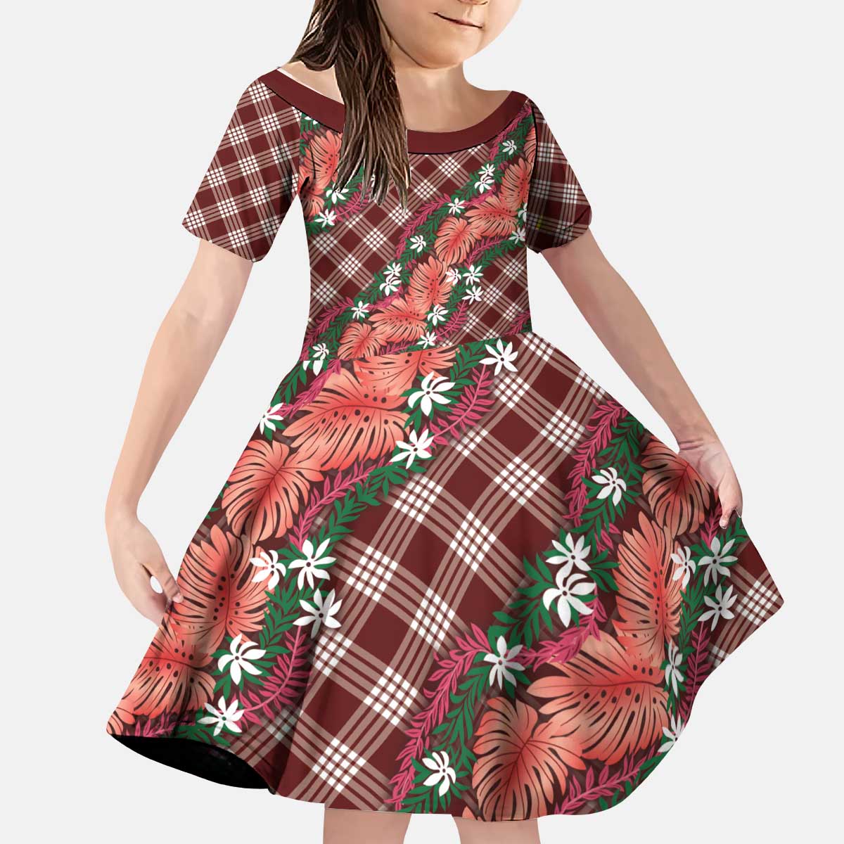 Polynesian Monstera Tiare Floral Kid Short Sleeve Dress Burgundy Tropical Plaid LT01 KID Red - Polynesian Pride