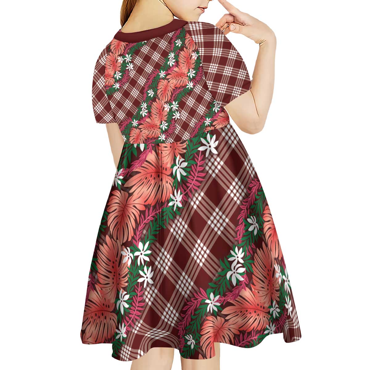 Polynesian Monstera Tiare Floral Kid Short Sleeve Dress Burgundy Tropical Plaid LT01 - Polynesian Pride